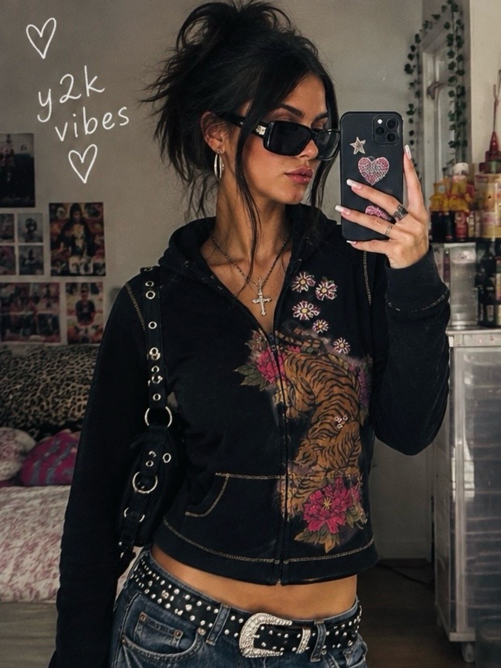 VINTAGE Y2K Lucky Brand Tattoo Tiger Peony Full Zip Hoodie Rare Streetwear